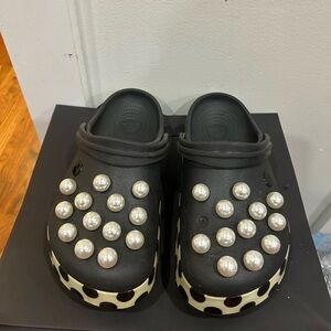 CROCS Black and Cream Pearl Studded Slippers